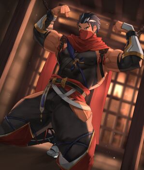 1boy armpits bara bellsaltr biceps black_hair black_vest blurry blurry_background bulge chain chained chained_wrists elbow_gloves frown gauntlets gloves hakama highres japanese_clothes kneeling light_particles looking_at_viewer male_focus manly mature_male multicolored_hair muscular muscular_arms muscular_legs muscular_male ninja original pants red_eyes scarf sleeveless socks solo spiked_hair thick_eyebrows thighs veins vest white_hair