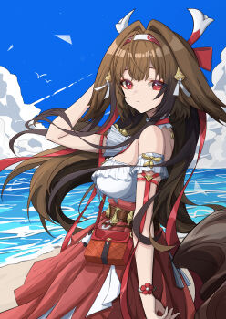 1girl absurdres bare_shoulders breasts brown_hair closed_mouth commentary from_side hair_flaps hair_intakes hair_ornament hairband hand_up highres horse_girl horse_tail long_hair looking_at_viewer looking_to_the_side medium_breasts mutsu_aya official_alternate_costume outdoors red_eyes red_skirt shirt shirt_tucked_in skirt solo tail turning_head white_hairband white_shirt ye_shunguang ye_shunguang_(touch_of_dawnlight) zenless_zone_zero