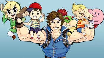 backpack bag bandana baseball_cap blonde_hair blue_eyes bowser_jr. brown_hair castlevania_(series) earthbound_(series) fingerless_gloves flexing gloves hat highres kirby kirby_(series) link lucas_(mother_3) mario_(series) mother_(series) mother_2 mother_3 muscular muscular_male ness_(mother_2) nintendo pointy_ears red_hair richter_belmont shorts striped_clothes super_smash_bros. teevo the_legend_of_zelda toon_link torn_clothes torn_sleeves tunic