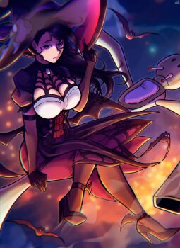 1girl black_hair bleach bleach:_brave_souls blue_eyes breasts burn_the_witch cleavage dress halloween high_heels large_breasts long_hair nico_artooo niihashi_noel solo