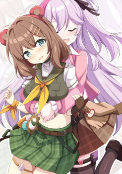 2girls absurdres belt black_gloves blush breasts brown_belt brown_hair cardigan closed_eyes commentary_request cowboy_shot fingerless_gloves gloves green_eyes green_skirt hair_between_eyes hair_intakes hair_ornament hairclip highres hug hug_from_behind kanami_(strinova) linjia_kaidi long_hair miniskirt multiple_girls neckerchief official_alternate_costume open_mouth paid_reward_available pink_cardigan pink_hair plaid_clothes plaid_skirt sail shirt single_fingerless_glove skirt smile strinova thigh_strap white_shirt yellow_neckerchief yvette_(strinova)