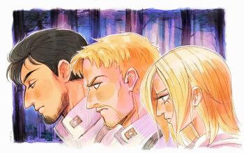 1girl 2boys annie_leonhart beard bertolt_hoover black_hair blonde_hair blue_eyes border brown_eyes closed_mouth facial_hair forest half-closed_eyes highres kiwie_marinep medium_hair multiple_boys nature parted_bangs profile reiner_braun shingeki_no_kyojin short_hair upper_body white_border