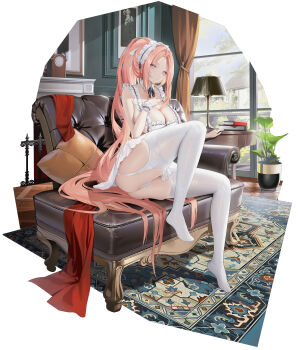 1girl absurdres azur_lane breasts cleavage commentary_request garter_straps hand_on_own_chest high_ponytail highres indoors large_breasts lexington_(azur_lane) lexington_ii_(azur_lane) lexington_ii_(the_fluffiest_of_maids)_(azur_lane) long_hair long_sidelocks looking_at_viewer maid_headdress najiu_jiao_xiaolan_ba official_alternate_costume pink_hair ponytail sidelocks sitting solo thighhighs white_thighhighs window