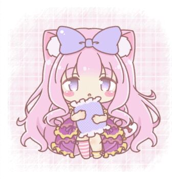 1girl :< :o animal_ear_fluff animal_ears animated animated_gif asymmetrical_legwear blinking bow cat_ears cat_girl cat_tail chibi closed_mouth commentary_request dress frilled_pillow frills hair_bow hugging_object long_hair mitarashi_neko no_shoes original panties parted_lips pillow pillow_hug pink_hair purple_bow purple_dress purple_eyes purple_panties red_bow see-through_clothes see-through_dress side-tie_panties socks solo standing striped_clothes striped_socks striped_thighhighs tail tail_bow tail_ornament thighhighs underwear very_long_hair yellow_bow