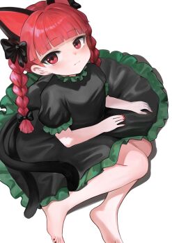 1girl absurdres animal_ears barefoot blunt_bangs bow braid breasts cat_ears cat_tail commentary_request dokomon dress extra_ears feet from_above highres kaenbyou_rin multiple_tails nail_polish red_eyes red_hair red_nails simple_background small_breasts solo tail toenail_polish toenails toes touhou twin_braids white_background