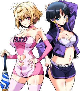 2girls angelise_ikaruga_misurugi antenna_hair arm_behind_head bare_shoulders black_hair blonde_hair blue_eyes blush body_blush bra breasts choker cleavage closed_umbrella clothing_cutout cosplay covered_erect_nipples cross_ange cutout_below_navel female_focus frown future_gpx_cyber_formula hand_on_own_hip heart_cutout jacket large_breasts long_hair looking_at_viewer midriff miniskirt multiple_girls navel navel_cutout pink_legwear race_queen red_eyes salamandinay sena_monaco short_hair shorts simple_background skirt smile standing strapless strapless_bra sugo_grand_prix_campaign_girl sugo_grand_prix_campaign_girl_(cosplay) thighhighs umbrella underwear white_background
