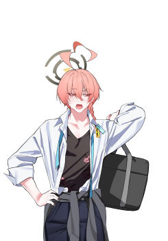 Rule 34 | 1boy, absurdres, ahoge, arm up, averting eyes, bag, black bag, black halo, black nails, black shirt, blue archive, blue pants, blue ribbon, braid, buttons, chai 09, clothes around waist, collared shirt, commentary, cowboy shot, delinquent, dress pants, earrings, facing viewer, fang, fingernails, floral print shirt, genderswap, genderswap (ftm), halo, hand on own hip, heart, heart ahoge, highres, holding, holding bag, huge ahoge, jewelry, looking to the side, male focus, medium hair, millennium science school logo, nail polish, narrowed eyes, neck ribbon, neru (blue archive), neru (school uniform) (blue archive), open clothes, open mouth, open shirt, orange eyes, orange hair, pants, print shirt, raised eyebrows, ribbon, school bag, school uniform, shirt, shirt tucked in, shirt under shirt, short braid, short eyebrows, side braid, simple background, single braid, sleeve cuffs, solo, standing, straight-on, stud earrings, three-quarter sleeves, tsurime, undershirt, undone neck ribbon, white background, white shirt, wing collar, winter uniform