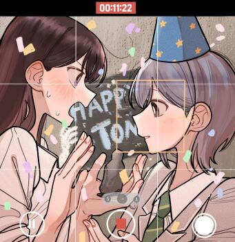 2girls bang_dream! bang_dream!_it&#039;s_mygo!!!!! black_eyes blush brown_hair commentary_request confetti facial_recognition grey_hair grey_jacket hand_up happy_birthday hat highres jacket korean_commentary long_hair multiple_girls open_mouth otaku5252 party_hat purple_eyes recording rock shiina_taki shirt takamatsu_tomori upper_body viewfinder white_shirt