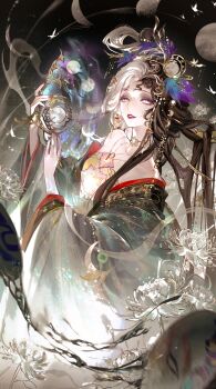 1girl absurdres beads black_background black_hair black_robe bug butterfly chinese_clothes chinese_commentary choker commentary_request cowboy_shot crescent crescent_hair_ornament dress earrings eyelashes eyeshadow feather_hair_ornament feathers floral_print flower folding_fan gold_choker gold_earrings hair_beads hair_flowing_over hair_ornament hair_rings half_updo hand_fan happy heterochromia highres holding holding_fan infinity_nikki insect jewelry light_particles lipstick long_hair long_sidelocks makabaka77883 makeup moon_phases multicolored_hair nikki_(series) parted_lips print_dress purple_eyes purple_eyeshadow red_lips robe sidelocks single_sidelock smile solo spider_lily split-color_hair strapless strapless_dress two-tone_hair very_long_hair where_wanxiang_weaves_life_(infinity_nikki) white_butterfly white_flower white_hair yellow_dress