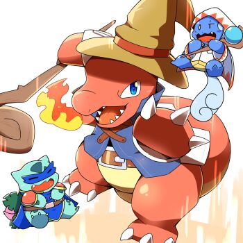 Rule 34 | belt, black mage (final fantasy), black mage (final fantasy) (cosplay), blue eyes, blue mage (final fantasy), blue mage (final fantasy) (cosplay), blue tunic, brown belt, brown hat, charmeleon, claws, clothed pokemon, cosplay, eye mask, final fantasy, final fantasy v, fire, flame-tipped tail, full body, gen 1 pokemon, hat, highres, holding, holding staff, ivysaur, looking at viewer, mask, nintendo, open mouth, pokemon, pokemon (creature), simple background, staff, standing, starter pokemon trio, tail, tatu wani, tunic, wartortle, white background, white mage (final fantasy), white mage (final fantasy) (cosplay)