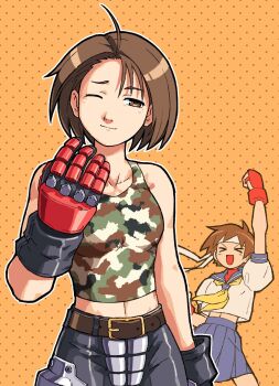 Rule 34 | > <, 2girls, :d, absurdres, armored gloves, bare shoulders, belt, black pants, blue sailor collar, blue skirt, breasts, brown belt, brown eyes, brown hair, camouflage, camouflage shirt, clenched hand, crop top, fingerless gloves, furrowed brow, gloves, hand up, headband, highres, justice gakuen, kasugano sakura, kazama akira, light blush, light smile, medium breasts, midriff, multiple girls, neckerchief, one eye closed, open mouth, orange background, pants, pleated skirt, polka dot, polka dot background, puffy short sleeves, puffy sleeves, red gloves, sailor collar, school uniform, shirt, short hair, short sleeves, skirt, smile, spdcooler, street fighter, tank top, upper body, white headband, white shirt, xd, yellow neckerchief