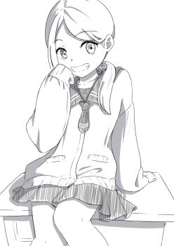 Rule 34 | 1girl, absurdres, arm support, blazer, commentary request, desk, dot nose, feet out of frame, greyscale, grin, highres, jacket, long single sidelock, looking at viewer, monochrome, negimiso1989, open mouth, original, pleated skirt, ponytail, sailor collar, school desk, school uniform, short hair, simple background, single sidelock, skirt, sleeves past fingers, sleeves past wrists, smile, solo, thighs, vest, white background