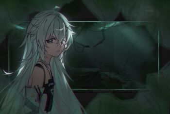 1girl ahoge bandage_over_one_eye c0ffeenn commentary detached_sleeves english_commentary grey_eyes grey_hair hair_between_eyes hair_ornament long_hair looking_at_viewer messy_hair no._21:_xxi_(pgr) no._21_(pgr) punishing:_gray_raven sidelocks solo suspenders very_long_hair x_hair_ornament