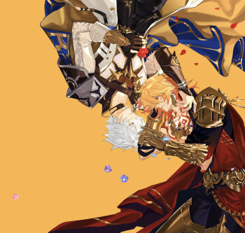 2boys absurdres antenna_hair arm_tattoo armlet armor black_choker black_coat black_gloves black_shirt blonde_hair blue_cape blue_eyes braid cape chest_tattoo chinese_commentary choker clawed_gauntlets coat commentary_request earrings facial_tattoo fingerless_gloves gloves gold_earrings gold_necklace gradient_hair highres honkai:_star_rail honkai_(series) jewelry male_focus medium_hair multicolored_hair multiple_boys mydei_(honkai:_star_rail) neck_tattoo necklace open_clothes open_coat parted_bangs pauldrons phainon_(honkai:_star_rail) red_cape red_hair red_tattoo shirt short_hair shoulder_armor side_braid side_cape single_pauldron sun_symbol sun_tattoo tan tattoo wenchelaoyao white_coat white_hair yaoi yellow_eyes