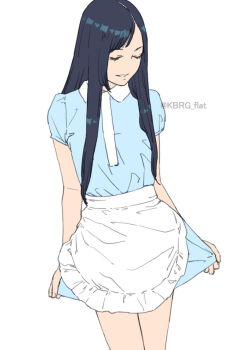 Rule 34 | 1girl, apron, black hair, blue dress, closed eyes, dress, grey background, grin, kbrg, long hair, original, simple background, smile, solo