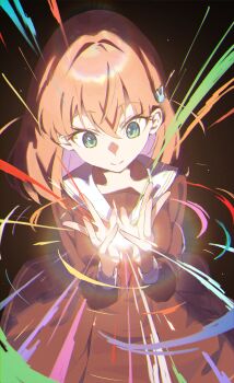 1girl absurdres breasts commentary dark_background glowing green_eyes hair_ornament hasu_no_sora_school_uniform highres hinoshita_kaho light_rays link!_like!_love_live! love_live! medium_breasts medium_hair orange_hair rabbit_hair_ornament school_uniform solo sunkeun