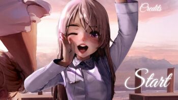 1girl blonde_hair blush cloud day diathorn eila_ilmatar_juutilainen female_focus hand_on_own_face hand_up highres lips long_hair looking_at_viewer one_eye_closed outdoors pale_skin purple_eyes shouting shouting_with_hands solo strike_witches teeth uniform visual_novel waving world_witches_series