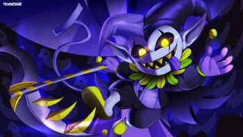 1boy coat deltarune evil_smile facial_mark gloves hat highres holding holding_weapon ichimoral jester jevil mask open_mouth pointy_ears sandals scythe sharp_teeth shorts smile soles tail teeth tongue tongue_out utdr_(toby_fox) weapon wings yellow_eyes