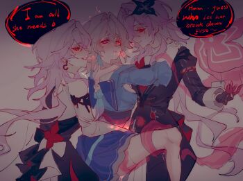 3girls black_dress blue_shirt blue_skirt commentary dress drooling earrings english_commentary english_text evernight_(honkai:_star_rail) fff_threesome glowing glowing_eyes group_sex hand_on_another&#039;s_shoulder heart highres honkai:_star_rail honkai_(series) implied_fingering jewelry long_hair march_7th_(honkai:_star_rail) multiple_girls multiple_persona parted_lips pink_hair pussy_juice reach-around red_eyes saliva selfcest shirt skirt smile speech_bubble tentacles threesome whale_dreamed_fire yuri