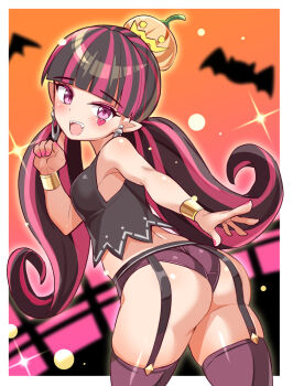 1girl ass bare_shoulders black_hair blush breasts come_hither cougar_(cougar1404) fangs from_behind garter_belt huge_ass long_hair looking_at_viewer low_twintails medium_breasts multicolored_hair naughty_face open_mouth original panties pink_eyes pink_hair pointy_ears sideboob smile solo thighhighs twintails underwear very_long_hair