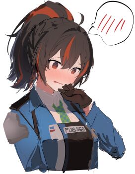 1girl @_@ absurdres black_gloves black_hair blue_jacket blush checkered_necktie cropped_torso gloves green_necktie hand_up highres jacket katata multicolored_hair necktie police police_uniform policewoman ponytail red_eyes red_hair shirt simple_background solo spoken_blush streaked_hair white_background white_shirt zenless_zone_zero zhu_yuan