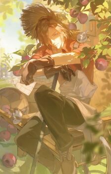 1boy animal animal_on_shoulder apple apple_tree bird bird_on_shoulder black_pants blue_sky blurry blurry_foreground boots brown_boots brown_gloves brown_hair closed_mouth commentary crisis_core:_final_fantasy_vii final_fantasy final_fantasy_vii food forrbyshin fruit genesis_rhapsodos gloves grass hat highres jacket looking_at_viewer male_focus outdoors pants red_jacket shirt short_hair sitting sky solo straw_hat symbol-only_commentary tree white_shirt