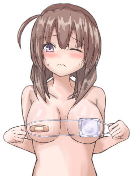 1girl 3: absurdres armpit_crease bandaid bandaids_on_nipples blunt_bangs blunt_ends blush bob_cut breasts breasts_apart brown_hair closed_mouth collarbone commentary covering_breasts covering_privates cowlick embarrassed english_commentary eyepatch eyes_visible_through_hair hair_between_eyes hands_up heaven_burns_red highres hiiragi_kozue holding_eyepatch kaki. large_breasts looking_at_viewer medical_eyepatch medium_hair one_eye_closed pasties purple_eyes simple_background solo sweatdrop upper_body white_background