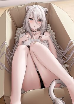 1girl absurdres animal_ear_piercing animal_ears black_choker black_panties box bra_strap choker commentary_request grey_eyes grey_hair hair_between_eyes highres hololive in_box in_container indoors jewelry lace lace_panties lion_ears lion_girl lion_tail long_hair long_hair_between_eyes looking_at_viewer low_twintails lying messy_hair necklace no_pants official_alternate_costume on_back panties shirt shishiro_botan shishiro_botan_(midnight_convenience_store) sidelocks single_bare_shoulder solo t-shirt tail twintails underwear very_long_hair virtual_youtuber wanne white_shirt