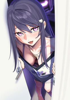 1girl :d absurdres bedroom blush bra breasts breasts_apart cat_hair_ornament collarbone commentary door_handle doorway downblouse extended_downblouse eyelashes fang feet_out_of_frame from_above hair_between_eyes hair_ornament hairpin highres indoors jewelry ksp_(vtuber) long_hair long_sidelocks looking_at_viewer loungewear lower_teeth_only medium_breasts meridian_project necklace no_pants open_mouth opening_door pov pov_doorway purple_bra purple_eyes purple_hair ryoyu_(ryoyustarlight) shirt sidelocks skin_fang smile solo standing swept_bangs teeth underwear virtual_youtuber white_shirt