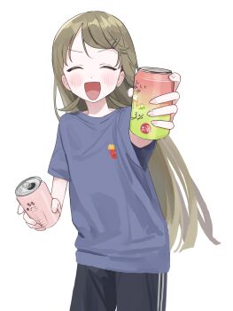 1girl absurdres black_pants blue_shirt blush can hair_ornament hanabusa_lisa hanada_ten highres holding holding_can long_hair open_mouth pants reaching reaching_towards_viewer shirt simple_background smile solo virtual_youtuber vspo! white_background