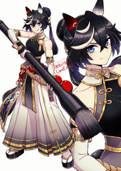 1girl animal_ears bare_shoulders black_hair black_nails black_shirt blue_eyes breasts calligraphy_brush closed_mouth commentary_request detached_sleeves ear_covers elbow_gloves fingerless_gloves full_body gloves hair_between_eyes hair_bun hair_ornament hakama hakama_skirt hand_on_own_hip hi_(ibisf5umauma) highres horse_ears horse_girl ink ink_stain japanese_clothes katsuragi_ace_(pen_name:_ink_dragon)_(umamusume) katsuragi_ace_(umamusume) long_hair looking_at_viewer multicolored_hair multiple_views nail_polish official_alternate_costume official_alternate_hairstyle oversized_object paintbrush revision shirt simple_background skirt sleeveless sleeveless_shirt small_breasts smile socks standing streaked_hair tabi tassel tassel_hair_ornament umamusume white_background white_gloves white_hair white_socks