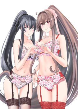 2girls black_garter_straps black_hair black_thighhighs breasts brown_eyes cleavage commentary_request cowboy_shot floral_print floral_print_bra floral_print_panties garter_belt garter_straps hair_intakes heart heart_hands heart_hands_duo kantai_collection large_breasts long_hair medium_breasts multiple_girls panties ponytail print_panties red_eyes red_garter_straps red_thighhighs sidelocks simple_background takase_asagiri thighhighs underwear underwear_only white_background yahagi_(kancolle) yamato_(kancolle)