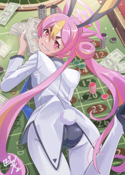 1girl animal_ear_hairband animal_ears black_leotard blue_archive coattails commentary_request fake_animal_ears grin hair_between_eyes hairband halo highres jacket koyuki_(blue_archive) koyuki_(bunny)_(blue_archive) leotard long_hair long_sleeves lying money nikulas_cage on_stomach pantyhose pink_eyes pink_hair pink_halo playboy_bunny poker_chip rabbit_ears rabbit_tail roulette_table smile solo strapless strapless_leotard table tail twintails very_long_hair white_jacket