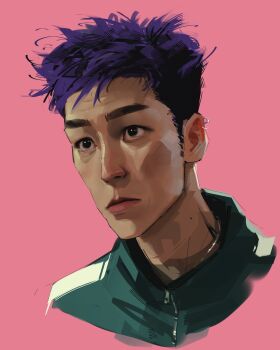 1boy black_eyes choi_soo-bong closed_mouth commentary cropped_shoulders ear_piercing green_track_suit highres male_focus piercing pink_background portrait purple_hair sam_yang short_hair simple_background solo squid_game track_suit