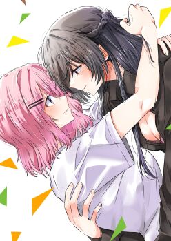 2girls absurdres amaori_renako black_hair black_shirt bra braid breasts cleavage collared_shirt commentary dshsh007 half_up_braid highres koto_satsuki medium_breasts medium_hair multiple_girls pink_bra pink_hair purple_eyes red_eyes school_uniform shirt simple_background underwear watashi_ga_koibito_ni_nareru_wake_naijan_murimuri! white_background white_shirt yuri