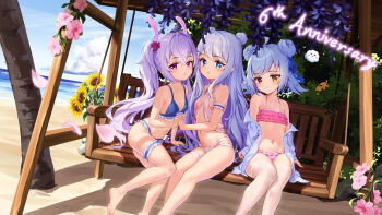 3girls absurdres ahoge animal_ears anniversary arm_garter azur_lane bare_shoulders barefoot beach bench bikini blue_bikini blue_choker blue_eyes blue_hair blue_sky breasts choker cleavage closed_mouth cloud collarbone commentary cross-shaped_pupils crossed_bangs double_bun dutch_angle english_commentary english_text fake_animal_ears falling_petals feet feet_out_of_frame flat_chest frilled_bikini frilled_garter frilled_thigh_strap frills grey_hair hair_between_eyes hair_bun heterochromia highres holding_hands interlocked_fingers laffey_(azur_lane) le_malin_(azur_lane) le_malin_(mercredi_at_the_secret_base)_(azur_lane) loli long_hair looking_at_viewer manjuu_(azur_lane) multiple_girls navel nicholas_(azur_lane) ocean off_shoulder on_bench open_clothes open_shirt parted_lips petals pink_bikini pink_eyes purple_hair rabbit_ears red_eyes sand shirt short_hair sky sleepyluna slingshot_swimsuit small_breasts stomach swimsuit swing_set symbol-shaped_pupils thigh_strap thighhighs toes twintails very_long_hair water white_shirt white_slingshot_swimsuit white_thighhighs yellow_eyes
