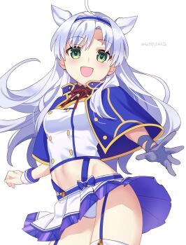 1girl 4rion absurdres alzano_school_uniform artist_name blue_capelet blue_hairband blue_trim breasts buttons capelet commentary_request cowboy_shot crop_top double-breasted gloves green_eyes grey_gloves hairband highres long_hair looking_at_viewer midriff navel neck_ribbon open_mouth panties pantyshot red_ribbon ribbon rokudenashi_majutsu_koushi_to_akashic_record school_uniform shirt simple_background single_glove sistine_fibel skirt small_breasts smile solo underwear white_background white_hair white_panties white_shirt white_skirt white_wrist_cuffs wrist_cuffs