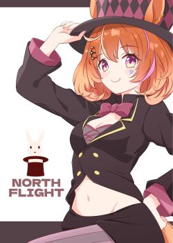 1girl alternate_costume animal_ears black_jacket black_shorts blush bow bowtie breasts brown_hair cleavage closed_mouth ears_through_headwear funamori hair_between_eyes hair_ornament hairclip hat heart heart_sticker highres horse_ears horse_girl horse_tail jacket long_sleeves looking_at_viewer magician medium_breasts medium_hair midriff multicolored_hair navel north_flight_(umamusume) orange_hair pantyhose pink_hair purple_bow purple_bowtie purple_eyes rabbit shirt shorts smile solo sticker sticker_on_face streaked_hair tail top_hat umamusume