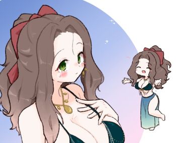 1girl bikini bikini_skirt blue_bikini blue_skirt blush bow breasts brown_hair cleavage closed_eyes closed_mouth forehead gold_necklace green_eyes hair_bow hand_on_own_chest jewelry large_breasts long_hair looking_at_viewer multiple_views necklace olto_rondo open_mouth original red_bow skirt smile swimsuit