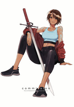 Rule 34 | 1girl, absurdres, black pants, black shoes, blue sports bra, blush, breasts, brown eyes, brown hair, closed mouth, collarbone, commentary, commission, dark-skinned female, dark skin, english commentary, eyelashes, fingernails, full body, highres, jacket, midriff, off shoulder, original, pants, red jacket, shoes, short hair, simple background, sitting, smile, solo, sports bra, sumustard, sword, weapon, white background