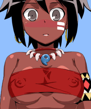 1girl bandeau bandeau_bikini bikini black_hair blush breast_focus breasts brown_eyes cleavage covered_erect_nipples dark-skinned_female dark_skin etrian_odyssey highres jewelry junu_(junudonkochan) large_breasts legs lipstick looking_at_viewer makeup medium_hair necklace parted_lips ponytail red_bikini shilleka sideboob solo swimsuit tribal underboob white_lips