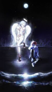 2boys ^_^ absurdres ahoge angel angel_wings aotsuki_eito arm_rest arms_behind_back black_pants black_shoes black_streaks blue_eyes closed_eyes facing_another full_moon glasses grey_hair grey_jacket halo highres hood hoodie jacket jacket_over_hoodie knee_up looking_at_another male_focus moon mountainous_horizon multicolored_hair multiple_boys night open_clothes open_jacket pants r314dor red_hair shoes short_hair sitting smile standing standing_on_one_leg streaked_hair sumino_takumi the_hundred_line_-last_defense_academy- two-tone_hair white_hoodie white_jacket white_pants white_shoes wings