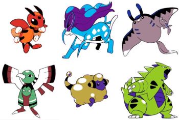 :i black_eyes bright_pupils claws closed_mouth fangs gen_2_pokemon ledian legendary_pokemon mantine mareep nintendo no_humans open_mouth pokemon pokemon_(creature) simple_background standing suicune tyako_089 tyranitar white_background white_pupils xatu