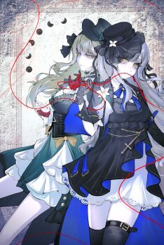 2girls bang_dream! bang_dream!_it's_mygo!!!!! black_corset black_gloves black_hat black_thighhighs blue_hair breasts commentary corset earrings gloves green_hair hashtag-only_commentary hat highres jewelry long_hair medium_breasts multiple_girls open_mouth pinky_swear red_gloves shoushud sidelocks skirt string string_of_fate thighhighs togawa_sakiko wakaba_mutsumi white_skirt yellow_eyes