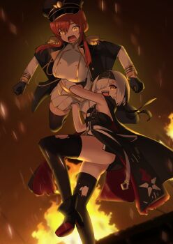 Rule 34 | 2girls, azur lane, bare shoulders, black coat, black dress, black gloves, black hairband, black thighhighs, bon homme richard (meta) (azur lane), boots, breasts, brown hair, burnt clothes, buttons, coat, commentary, commission, crazy smile, double-breasted, dress, english commentary, excited, fire, full body, gloves, hair over one eye, hairband, hands up, high heel boots, high heels, highres, large breasts, legs, lifting person, long hair, looking at viewer, medium hair, miniskirt, monarch (azur lane), multiple girls, open clothes, open coat, panicking, parallelrey, pixiv commission, pleated skirt, red eyes, scared, sharp teeth, shirt, skirt, sleeveless, sleeveless dress, sleeveless shirt, small breasts, smile, standing, standing on one leg, teeth, thighhighs, thighs, throwing, throwing person, torn clothes, upskirt, white hair, white shirt, yellow eyes