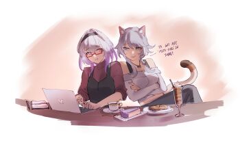 2girls absurdres alternate_costume animal_ear_fluff animal_ears aragiken blue_eyes bread cake cake_slice castorice_(honkai:_star_rail) cat_ears cat_girl cat_tail cipher_(honkai:_star_rail) commentary computer crossed_arms cup english_commentary english_text food headband highres honkai:_star_rail honkai_(series) jewelry laptop leaning_on_person multicolored_hair multiple_girls necklace off_shoulder pants purple_eyes streaked_hair tail turtleneck white_background