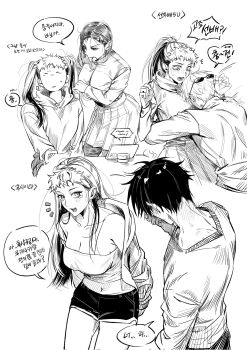 2boys 2girls arms_behind_back between_breasts black_hair black_pants black_shorts blush bob_cut breasts cellphone cleavage closed_eyes commentary_request covering_face covering_own_eyes cropped_legs dolphin_shorts dress_shirt eyewear_on_head face_between_breasts full-face_blush genderswap genderswap_(mtf) gojou_satoru greyscale hair_tie_in_mouth head_between_breasts highres hood hoodie itadori_yuuji jacket jujutsu_kaisen jujutsu_tech_uniform korean_commentary korean_text kugisaki_nobara large_breasts light_blush long_hair maikka80 monochrome mouth_hold multicolored_hair multiple_boys multiple_girls okkotsu_yuuta open_clothes open_jacket open_mouth pants parted_lips phone pleated_skirt ponytail scar scar_on_face scar_on_nose shirt short_hair shorts simple_background skirt speech_bubble strapless sweatdrop tomboy twintails two-tone_hair white_background white_hair white_hoodie white_jacket white_skirt