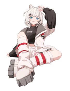 1girl :p absurdres animal_ear_piercing animal_ears arm_up black_hair black_jacket black_shirt blue_eyes boots clothes_writing commentary_request cropped_shirt dog_ears dog_girl grey_boots grey_hair grey_jacket grey_shorts grey_socks highres jacket kmnz looking_at_viewer loose_socks medium_hair midriff_peek multicolored_hair multicolored_jacket open_clothes open_jacket shirt shorts simple_background sitting socks solo tina_(kmnz) tongue tongue_out two-tone_hair two-tone_jacket two_side_up virtual_youtuber white_background yuu_ki_yuu