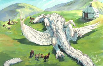 Rule 34 | building, claws, commentary request, day, dragon, fantasy, feathered wings, grass, highres, horns, horse, landscape, lying, monster, mountain, nature, nemunoki fuwa, no humans, on back, original, outdoors, scenery, sheep, sky, western dragon, wings, yurt