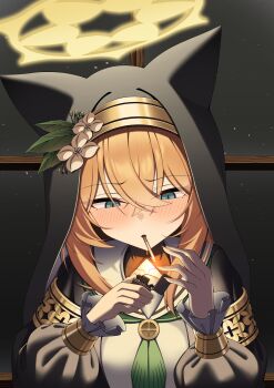 1girl absurdres animal_ears blue_archive blue_eyes blush cigarette crossed_bangs dress flower green_neckerchief hair_between_eyes halo hat hat_flower highres leehamin777 lighter lighting_cigarette long_sleeves mari_(blue_archive) mouth_hold neckerchief nun smoking solo upper_body white_flower window